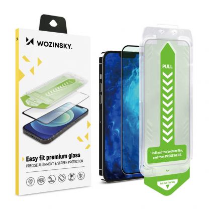 Wozinsky Easy Fit Full Glue 3D Tempered Glass - калено стъклено защитно покритие с рамка за поставяне за дисплея на iPhone 15 Pro Max (черен-прозрачен)