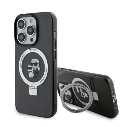 Karl Lagerfeld Ringstand Karl and Choupette MagSafe Case - хибриден удароустойчив кейс с MagSafe за iPhone 15 Pro Max (черен-прозрачен)
