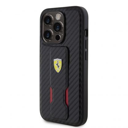 Ferrari Carbon Grip Stand Case - дизайнерски кожен кейс с поставка за iPhone 15 Pro Max (черен)
