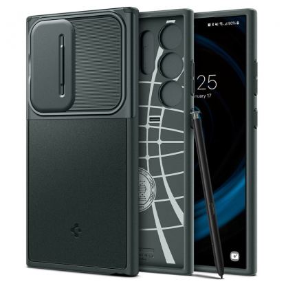 Spigen Optik Armor Case - тънък качествен силиконов (TPU) калъф с капак за камерата за Samsung Galaxy S24 Ultra (зелен)