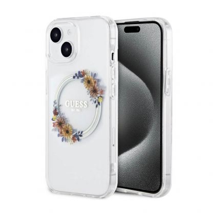 Guess Flowers Ring Glossy Logo MagSafe Case - хибриден удароустойчив кейс с MagSafe за iPhone 15 (прозрачен)