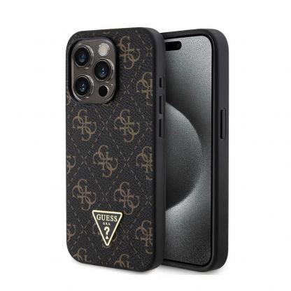 Guess PU 4G Triangle Metal Logo Case - дизайнерски кожен кейс за iPhone 15 Pro (черен)