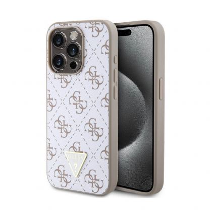 Guess PU 4G Triangle Metal Logo Case - дизайнерски кожен кейс за iPhone 15 Pro (бял)