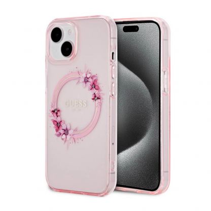 Guess Flowers Ring Glossy Logo MagSafe Case - хибриден удароустойчив кейс с MagSafe за iPhone 15 (розов-прозрачен)
