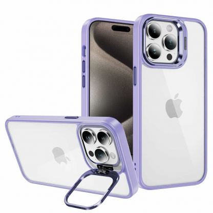 Tel Protect Kickstand Case and Camera Glass Lens - хибриден кейс с поставка и стъклени лещи за камерата за iPhone 15 Pro (лилав) 
