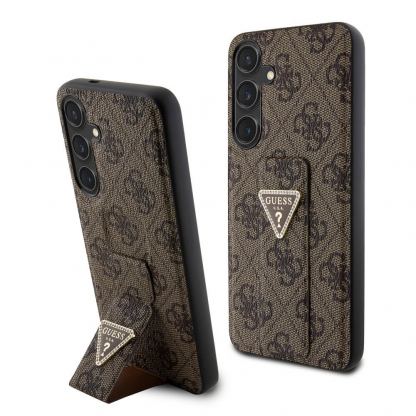 Guess PU 4G Strass Grip Stand Triangle Metal Logo Case - дизайнерски кожен кейс с отделение за карти за Samsung Galaxy S24 Plus (кафяв)