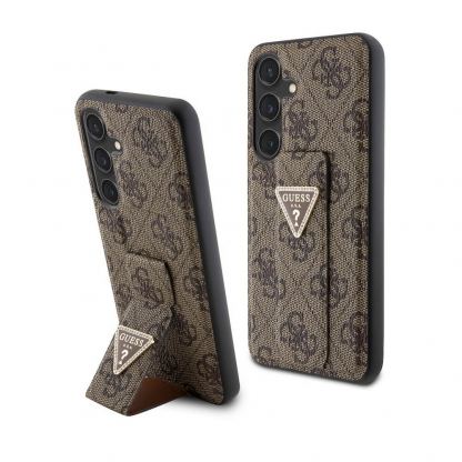 Guess PU 4G Strass Grip Stand Triangle Metal Logo Case - дизайнерски кожен кейс с отделение за карти за Samsung Galaxy S24 (кафяв)