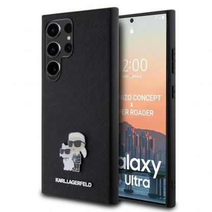 Karl Lagerfeld PU Saffiano Metal Karl and Choupette Case - дизайнерски кожен кейс за Samsung Galaxy S24 Ultra (черен)
