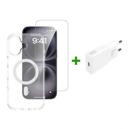 Хибриден удароустойчив кейс с MagSafe, стъклено покритие за дисплея и 20W захранване за iPhone 17 - 4smarts 3-in-1 Premium MagSafe Starter Set (прозрачен)