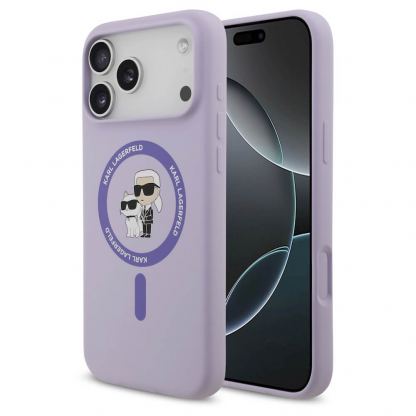 Дизайнерски силиконов кейс с MagSafe за iPhone 17 Pro Max - Karl Lagerfeld Liquid Silicone Karl and Choupette Heads MagSafe Case (лилав)