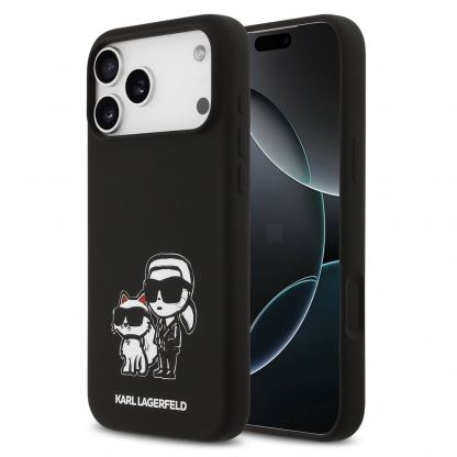 Дизайнерски силиконов кейс с MagSafe за iPhone 17 Pro Max - Karl Lagerfeld Liquid Silicone Sketch Karl and Choupette MagSafe Case (черен)