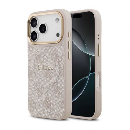 Дизайнерски кожен кейс с MagSafe за iPhone 17 Pro - Guess PU 4G Gold Frame MagSafe Leather Hard Case (розов)