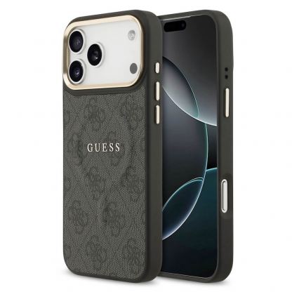 Дизайнерски кожен кейс с MagSafe за iPhone 17 Pro Max - Guess PU 4G Gold Frame MagSafe Leather Hard Case (черен)
