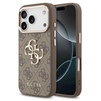 Дизайнерски кожен кейс за iPhone 17 Pro Max - Guess PU 4G Metal Logo Gold Frame Leather Hard Case (кафяв)