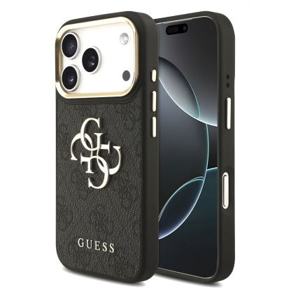 Дизайнерски кожен кейс за iPhone 17 Pro - Guess PU Leather 4G Metal Logo Gold Frame Case (черен)