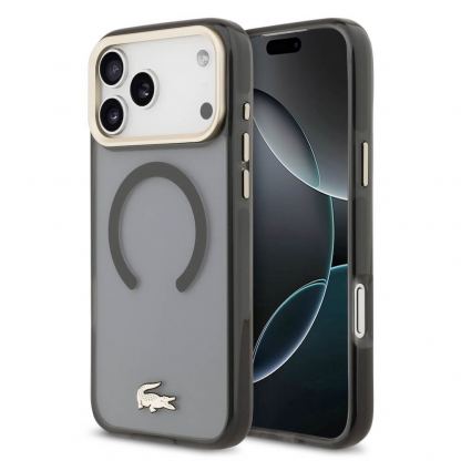 Дизайнерски xибриден кейс с висока степен на защита с MagSafe за iPhone 17 Pro Max - Lacoste Hybrid Frosted Finish Gold Logo MagSafe Case (черен-прозрачен)