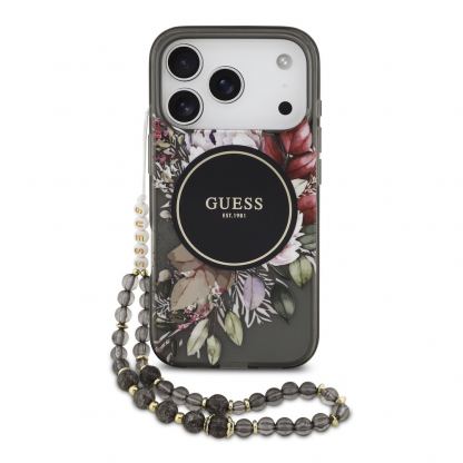 Хибриден удароустойчив кейс с MagSafe и връзка за ръка за iPhone 17 Pro - Guess IML Flowers Pearl MagSafe Case (черен)