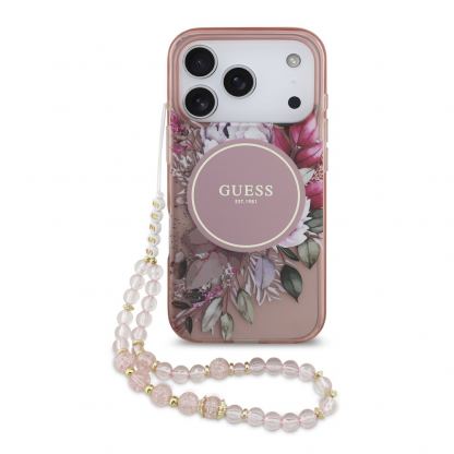 Хибриден удароустойчив кейс с MagSafe и връзка за ръка за iPhone 17 Pro - Guess IML Flowers Pearl MagSafe Case (розов)