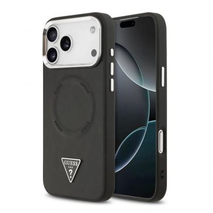 Дизайнерски кожен кейс с MagSafe за iPhone 17 Pro - Guess PU Triangle Logo MagSafe Case (черен)