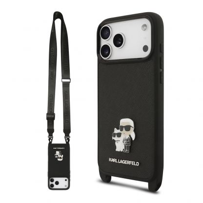 Дизайнерски кожен кейс с връзка за носене за iPhone 17 Prо - Karl Lagerfeld Saffiano Crossbody Metal Karl and Choupette Case (черен)