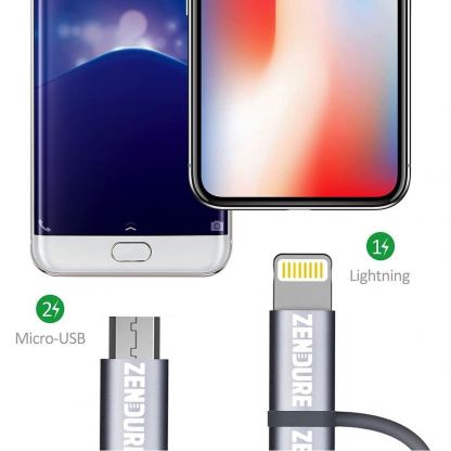 Качествен USB-A кабел с Lightning и microUSB конектори (30 см) - Zendure Braided 2in1 Universal MFI Cable (сив)