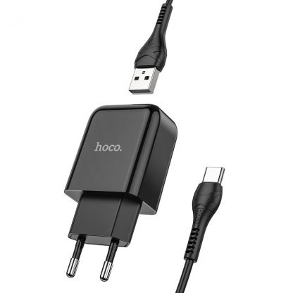 Захранване за ел. мрежа 2.1A с USB изход и USB-C кабел - Hoco N2 Wall Charger and USB-C Cable (черен)