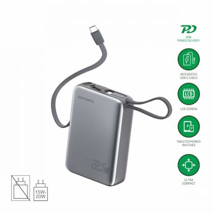 Външна батерия с вградени USB-C кабели, USB-A и USB-C портове - 4smarts Pocket Dual Cord 20000mAh 22.5W (тъмносив)