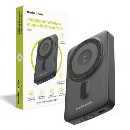 Преносима външна батерия с USB-C порт и безжично зареждане с MagSafe и Apple Watch - Mobile Origin PB9 Magnetic Wireless Charging Power Bank 10000 mAh 20W (черен)