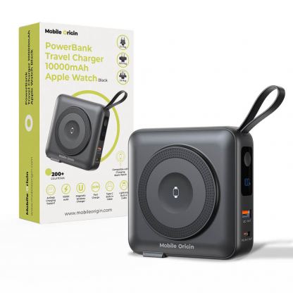 Захранване за ел. мрежа с адаптори за цял свят и външна външна батерия с безжично зареждане с MagSafe и Apple Watch - Mobile Origin Magnetic PowerBank Travel Charger 10000 mAh 20W (черен)