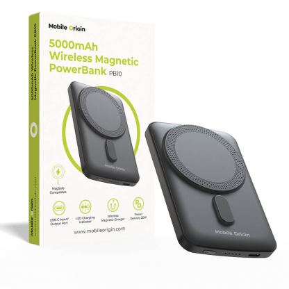 Преносима външна батерия с USB-C порт и безжично зареждане с MagSafe - Mobile Origin PB10 Magnetic Wireless Power Bank 5000 mAh 15W (черен)