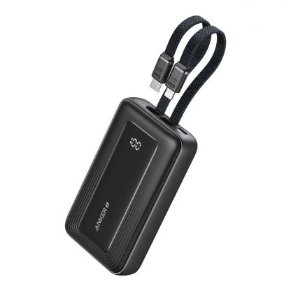 Външна батерия с вградени USB-C и Lightning кабели и USB-C, USB-A портове и технология за бързо зареждане - Anker Zolo Power Bank 30W 10000 mAh (черен)