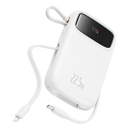 Външна батерия с вграден USB-C и Lightning кабел и USB-C, USB-А портове - Baseus Qpow2 Digital Display Power Bank With USB-C and Lightning cable 22.5W 20000 mAh (бял)