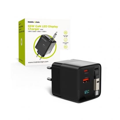 Захранване за ел. мрежа с USB-A и USB-C изходи и вграден USB-C кабел - Mobile Origin PW2 GaN Display Wall Charger 65W (черен)