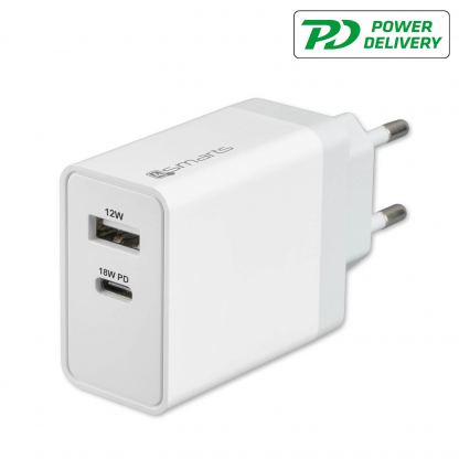 Захранване за ел. мрежа с USB-A изход и USB-C изход (30W) - 4smarts Wall Charger VoltPlug PD 30W (бял)