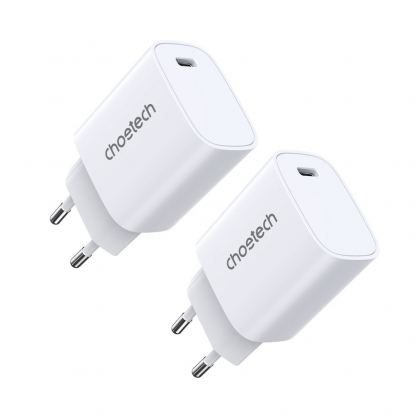 Комплект два броя захранване за ел. мрежа 20W с USB-C изход и технология за бързо зареждане - Choetech Wall Charger USB-C 20W PD Set (бял)
