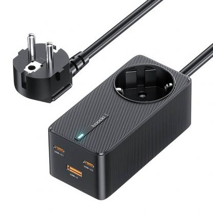 Захранване за ел. мрежа за лаптопи, смартфони и таблети с AC, 1xUSB-A и 2xUSB-C изходи с технология за бързо зареждане - Toocki GaN Power Adapter Socket 67W (черен)