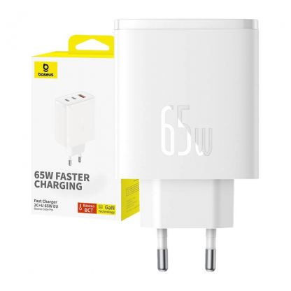 Захранване за ел. мрежа за лаптопи, смартфони и таблети с 2xUSB-C и 1xUSB-A изходи с технология за бързо зареждане - Baseus GaN 5 Cube Pro Charger 65W (P10152301213-00) (бял)