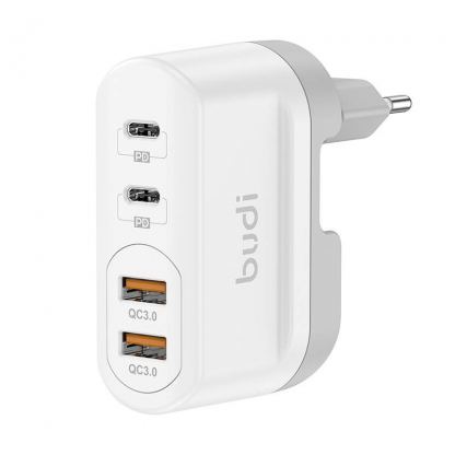 Захранване за ел. мрежа с 2xUSB-A и 2xUSB-C изходи с технология за бързо зареждане на мобилни устройства - Budi Wall Charger 40W (бял)