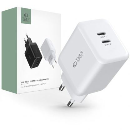 Захранване за ел. мрежа с 2xUSB-C PD изходи с технология за бързо зареждане (бял)  - Tech-Protect Wall Charger Dual USB-C 35W PD
