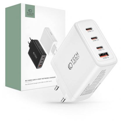 Захранване за ел. мрежа за лаптопи, смартфони и таблети с 3xUSB-C и 1xUSB-A изходи с технология за бързо зареждане - Tech-Protect GaN Fast Wall Charger 100W (бял)
