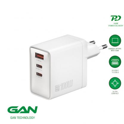 Захранване за ел. мрежа с USB-A и 2xUSB-C изходи с технология за бързо зареждане - 4smarts GaN Wall Charger Pocket 100W (бял)