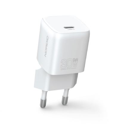 Захранване за ел. мрежа с USB-C изход с технология за бързо зареждане - Nordic PD GaN USB-C Wall Charger 30W (бял)
