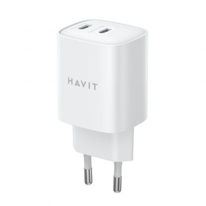Захранване за ел. мрежа с 2xUSB-C изходи с технология за бързо зареждане - Havit GaN Dual Wall Charger USB-C 45W (бял)