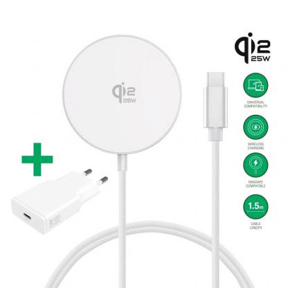 Поставка (пад) за безжично зареждане и захранване за ел. мрежа за iPhone с Magsafe - 4smarts Qi2 USB-C Magnetic Wireless Qi Charger 25W With 30W Wall Charger (бял)