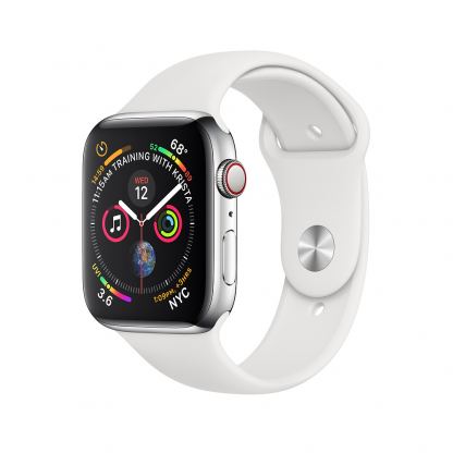 Apple Watch Series 4, 44mm Stainless Steel Case with White Sport Band, GPS + Cellular - умен часовник от Apple