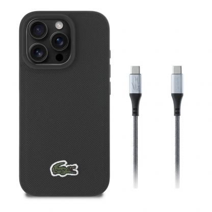 Комплект USB-C към USB-C кабле и дизайнерски кожен кейс за iPhone 16 Pro - Lacoste Iconic Petit Pique Woven Logo MagSafe Case With USB-C Cable Set (черен)