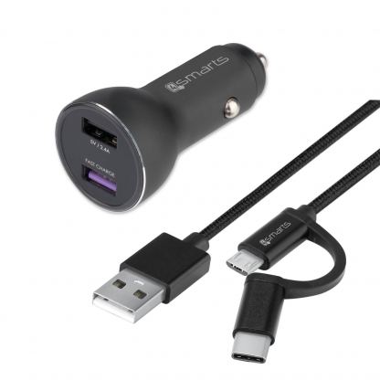 4smarts Fast Car Charger Set with Fast Charge and Power Delivery - зарядно за кола с USB-C и MicroUSB кабел (черен)