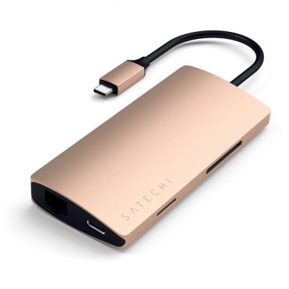 Satechi USB-C Aluminum Multiport 4K Adapter v2 - мултифункционален хъб за свързване на допълнителна периферия за компютри с USB-C (златист)
