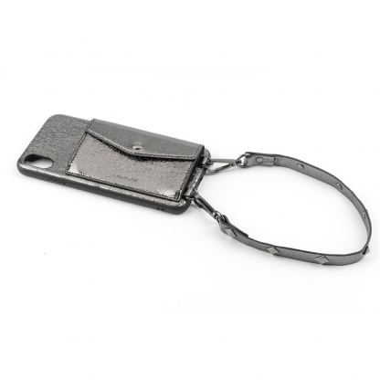 LAVAVIK Cross-Body Phone Purse - кожен калъф с портмоне и лента за врата за iPhone XS (сив)