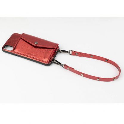 LAVAVIK Cross-Body Phone Purse - кожен калъф с портмоне и лента за врата за iPhone XS (червен)